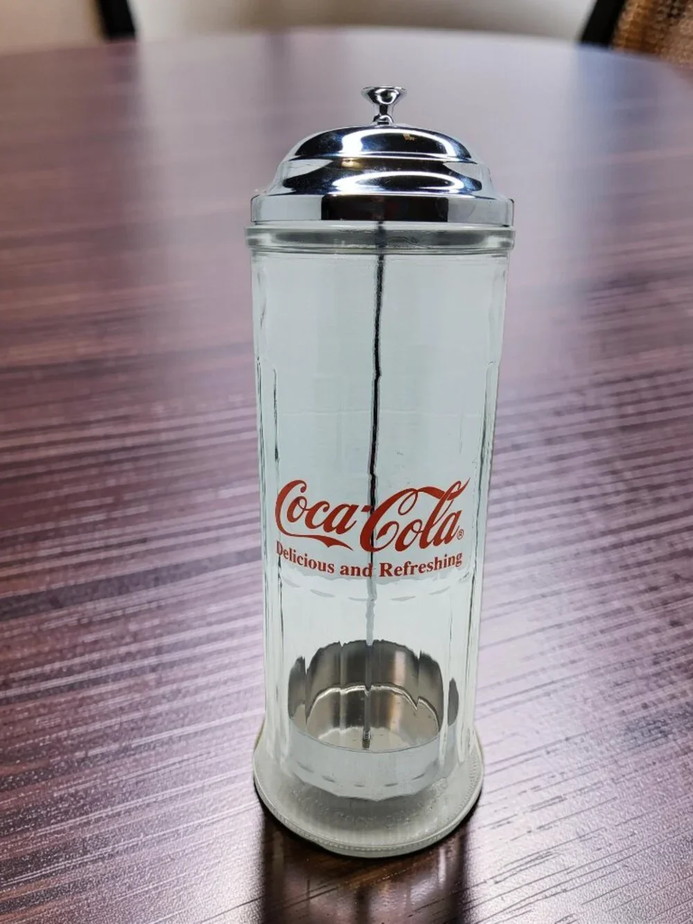 Vintage 1992 Coca-Cola Glass,Metal Lid Straw Dispenser Jar